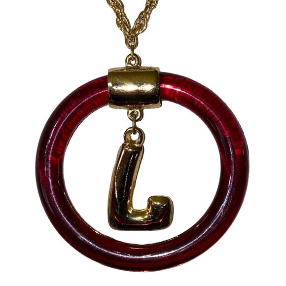 Necklace Circle L Pendant Women Plastic Metal Gold Chain Brown - Picture 1 of 4